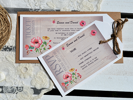 Vintage Ticket invitation with rustic twine bow and RSVP